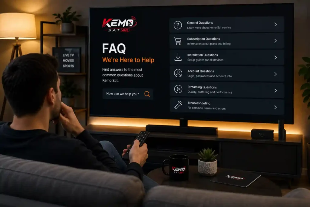 Customer browsing the Kemo Sat FAQ and support guide on a smart TV