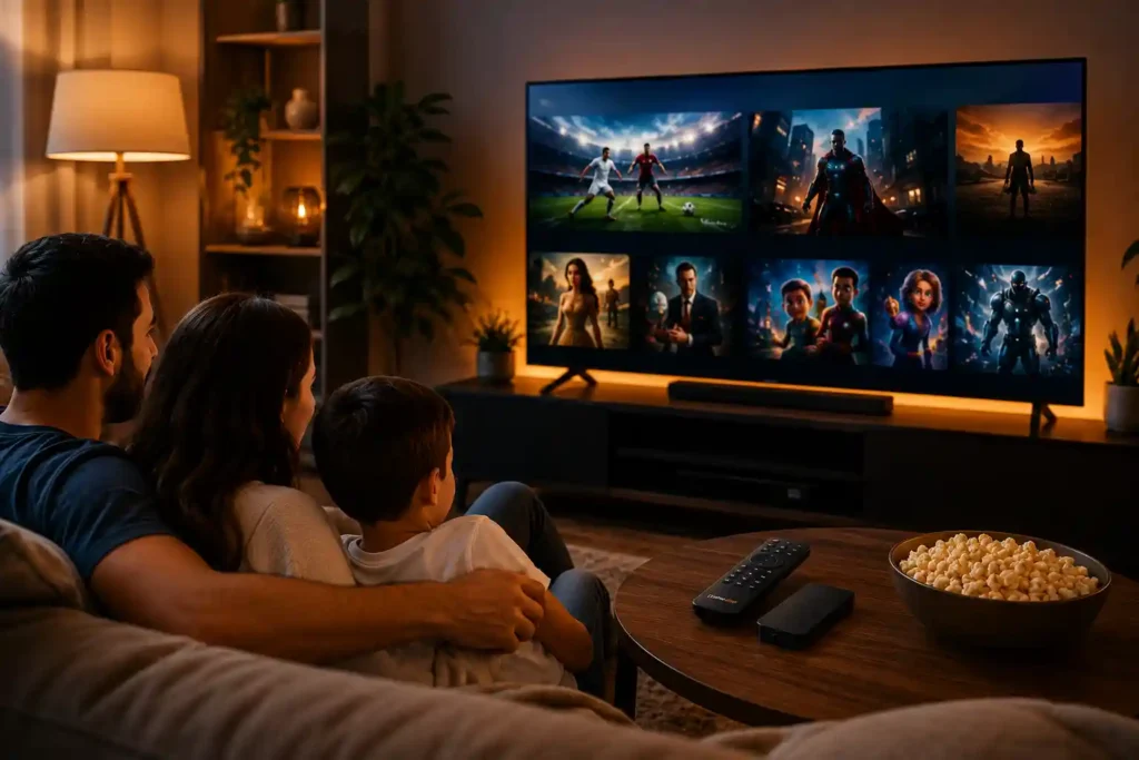 Family enjoying live TV, movies, and sports with Kemo Sat streaming service